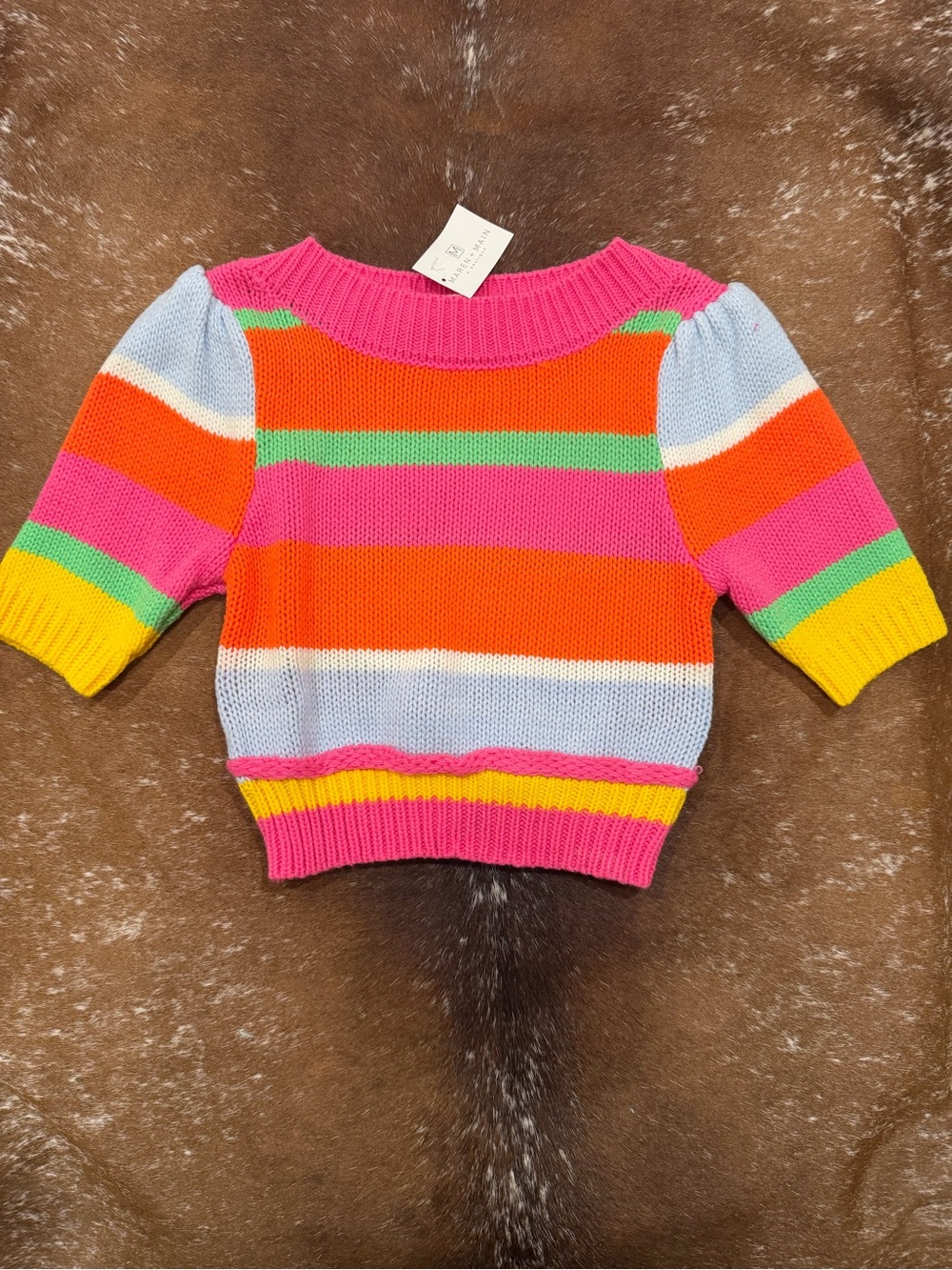 NWT Day + Moon Rainbow Stripe Puff Sleeve Cropped Sweater M